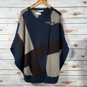 Cleo Navy Blue, Brown Patterned Patchwork Look Shawl Pancho | Size Small